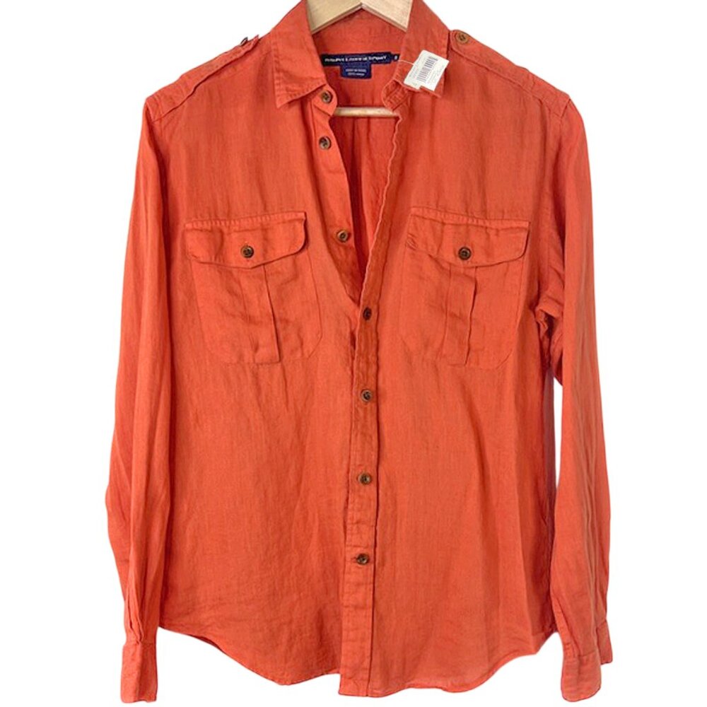 NEW Vintage Polo Ralph Lauren Linen Shirt!  Rust Orange  Safari Style Epaulets